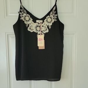 Entro Black Camisole with White Floral Embroidery Size L NWT